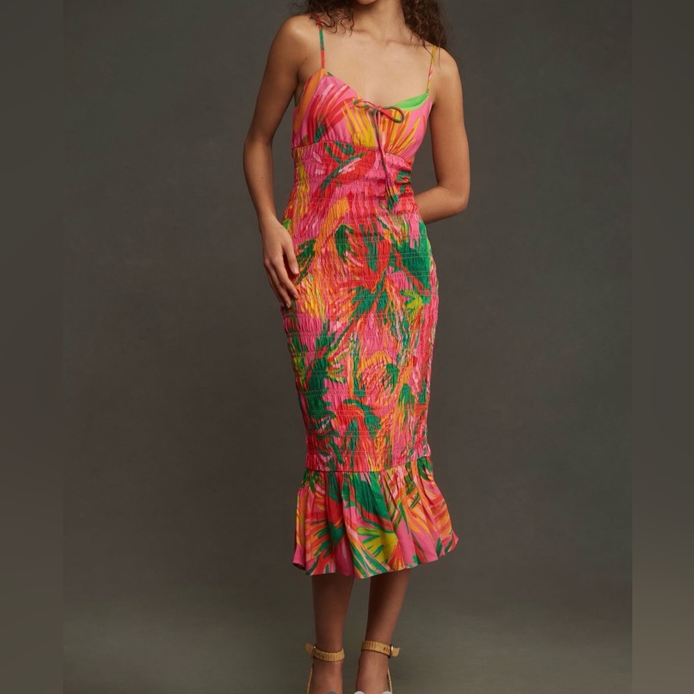 FARM Rio x Anthropologie Ruched Tie Front Dress Tropical Body-con Floral Sexy L